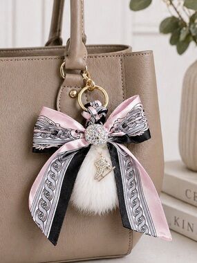 Elegant Ribbon Bow Fluffy Pom Bag Charm Keychain – Neutral Luxe Accessory